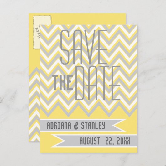 Carte Postale Faire-part Moderne chevron gris, mariage jaune Enregistrer la (Devant / Derrière)