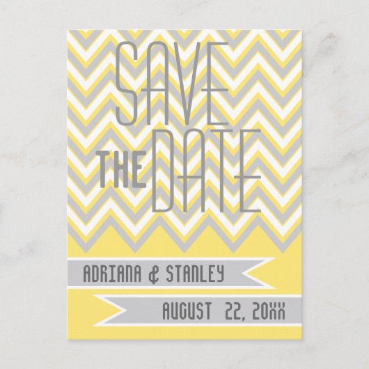 Carte Postale Faire-part Moderne chevron gris, mariage jaune Enregistrer la (Devant)