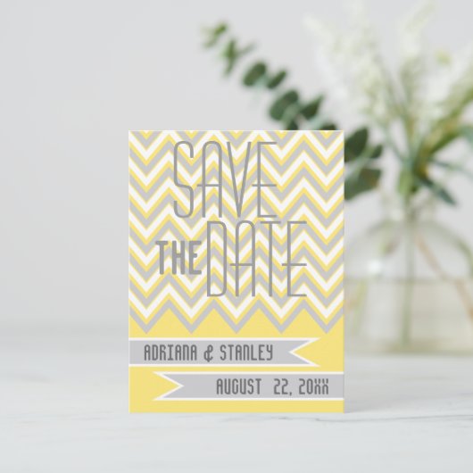 Carte Postale Faire-part Moderne chevron gris, mariage jaune Enregistrer la (Debout devant)