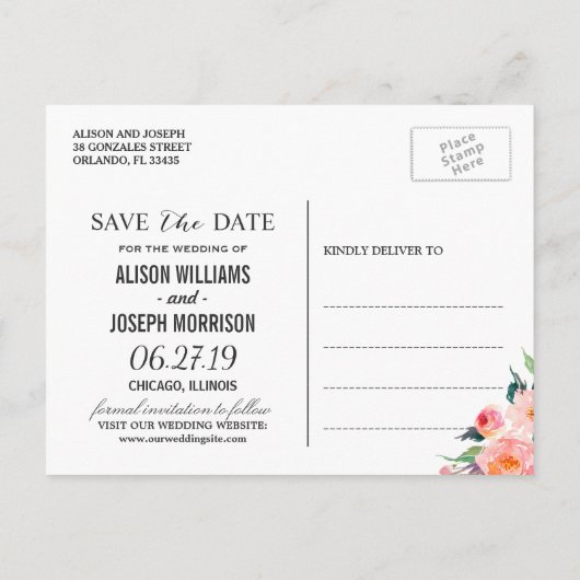 Carte Postale Faire-part Moderne Classique Fleurs à Rayures Noires Enregist (Dos)