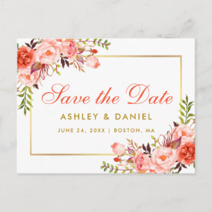 Carte Postale Faire-part Moderne Corail Floral Or Save the Date