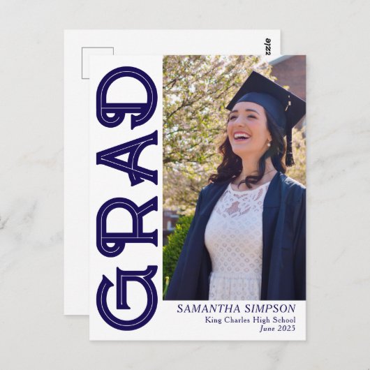 Carte Postale Faire-part moderne de graduation en bleu (Devant / Derrière)