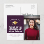 Carte Postale Faire-part moderne de graduation photo violet (Devant / Derrière)