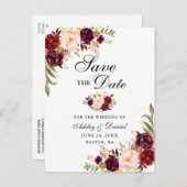 Carte Postale Faire-part Moderne Elégant Bourgogne Floral Enregistrer la da (Devant / Derrière)