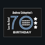 Carte Postale Faire-part Moderne Enregistrer la date 70e anniversaire fête<br><div class="desc">70e Anniversaire Bleu rayé et blanc nombre avec étoiles. Voici un anniversaire moderne et branché enregistrer le design de la carte postale de date avec des lettres amusantes. Tout le texte est personnalisable, vous pouvez donc personnaliser avec un nom, modifier l'année si vous le souhaitez, et ajouter les détails de...</div>