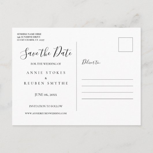 Carte Postale Faire-part Moderne Enregistrer la date Élégante photo de scri (Dos)