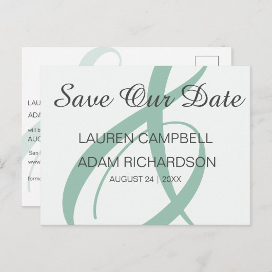 Carte Postale Faire-part Moderne Enregistrer la date Sage Green Ampersand M (Devant / Derrière)