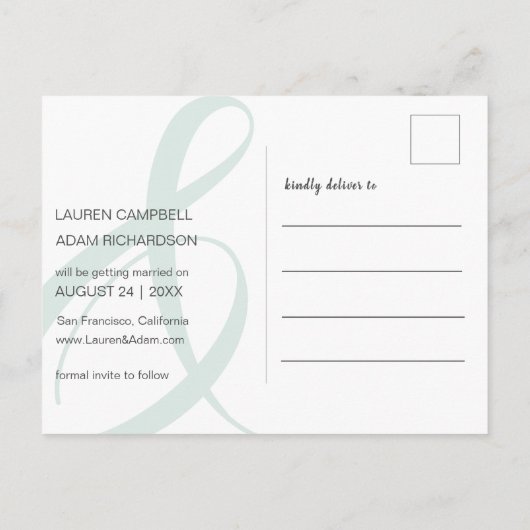 Carte Postale Faire-part Moderne Enregistrer la date Sage Green Ampersand M (Dos)