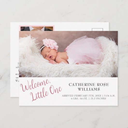 Carte Postale Faire-part Moderne fille de bébé de script rose naissance (Devant / Derrière)