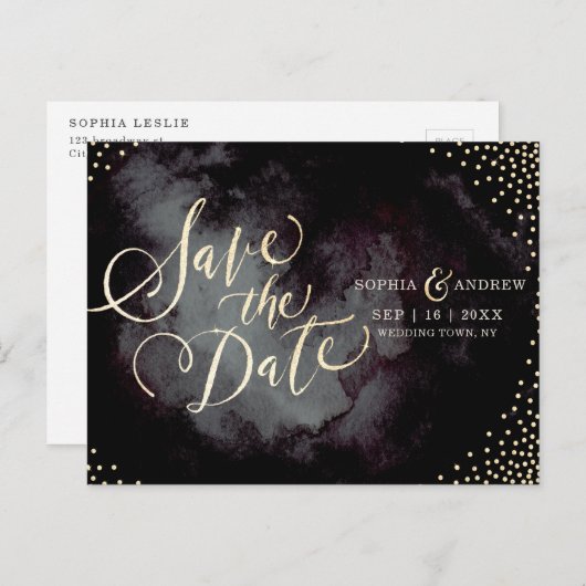 Carte Postale Faire-part Moderne glamour noir or calligraphie enregistrer l (Devant / Derrière)