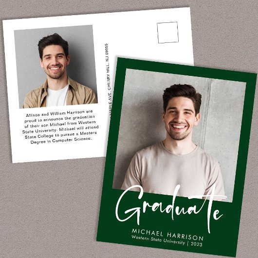 Carte Postale Faire-part Moderne Gras Script Photo Vert Graduation