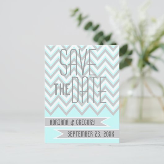 Carte Postale Faire-part Moderne gris chevron, aqua mariage Épargnez la dat (Debout devant)