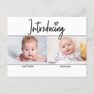Carte Postale Faire-part Moderne Introduction Script Twins garçon et fille