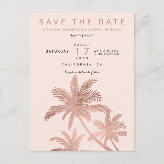 Carte Postale Faire-part Moderne or rose gold palmiers blush save the date (Devant)