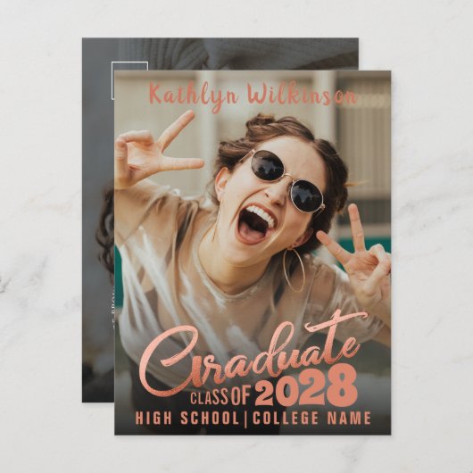 Carte Postale Faire-part Moderne Rose Gold Élégant Script 2 Photo Diplôme (Devant / Derrière)