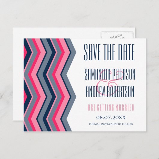 Carte Postale Faire-part Moderne rose néon bleu marine chevron enregistrer  (Devant / Derrière)