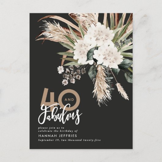 Carte Postale Faire-part Moderne rustique pampas eucalyptus 40 et fabuleux (Devant)