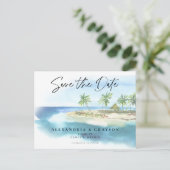 Carte Postale Faire-part Moderne Tropical Ocean Beach Script Enregistrer la (Debout devant)