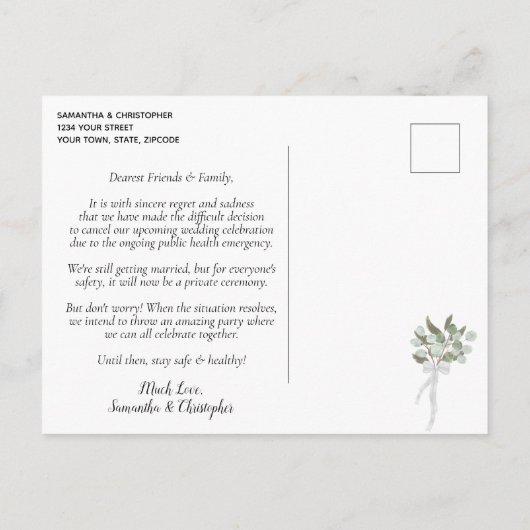 Carte Postale Faire-part Modification des plans Eucalyptus Mariage annulé (Dos)