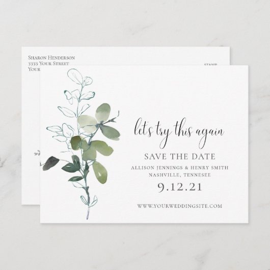 Carte Postale Faire-part Modification minimale de la date Mariage Eucalyptu (Devant / Derrière)