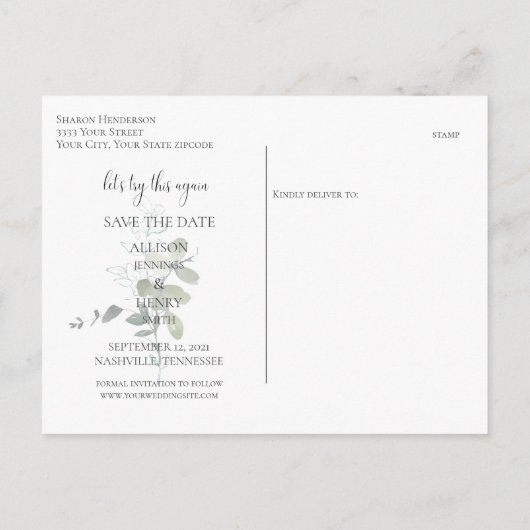 Carte Postale Faire-part Modification minimale de la date Mariage Eucalyptu (Dos)