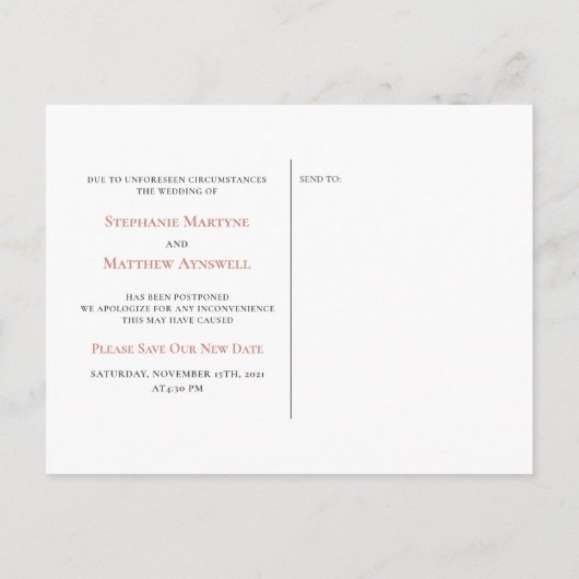 Carte Postale Faire-part Modifier la date Elegant Rose Gold Script noir (Dos)