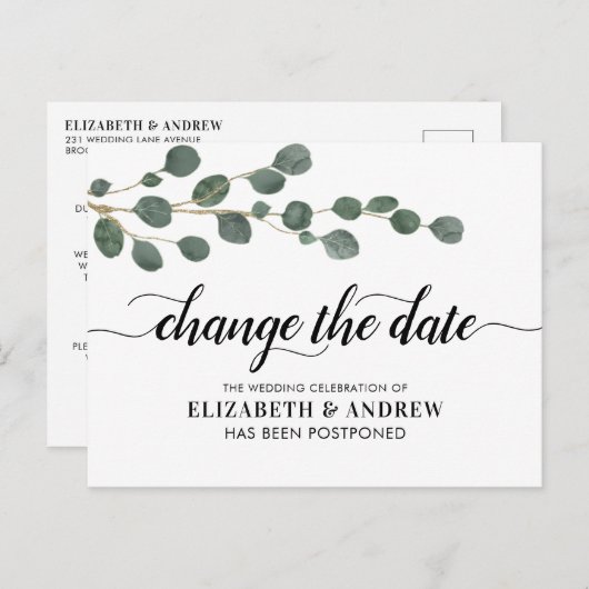 Carte Postale Faire-part Modifier la date moderne Script vert Eucalyptus (Devant / Derrière)