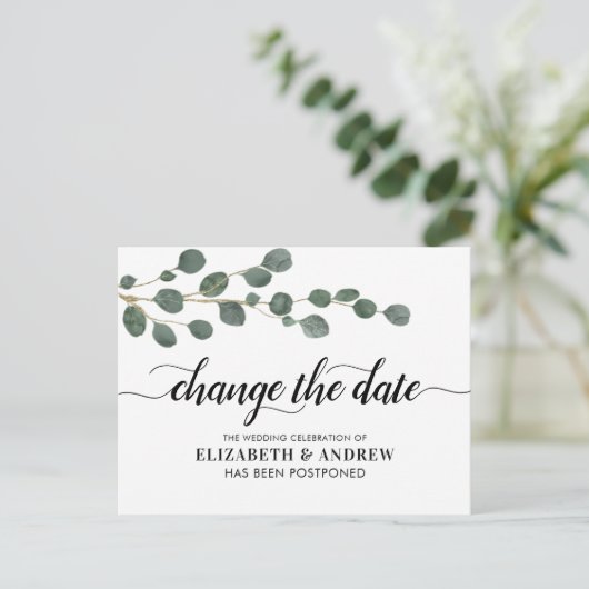 Carte Postale Faire-part Modifier la date moderne Script vert Eucalyptus (Debout devant)