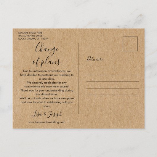 Carte Postale Faire-part Modifier la date Reportée Annulée Événement Rustiq (Dos)