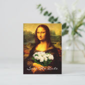 Carte Postale Faire-part Mona Lisa avec bouquet de roses blanches (Debout devant)