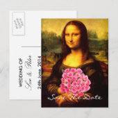 Carte Postale Faire-part Mona Lisa avec bouquet de roses roses (Devant / Derrière)
