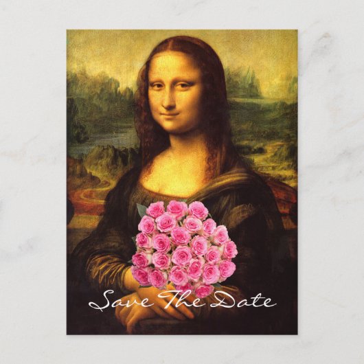 Carte Postale Faire-part Mona Lisa avec bouquet de roses roses (Devant)