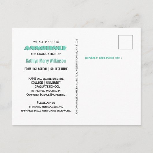 Carte Postale Faire-part Monnaie d'or moderne Script 3 Photo Graduation (Dos)