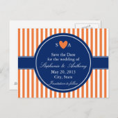 Carte Postale Faire-part Monogram Orange et Rayures Blanches avec Bleu Roya (Devant / Derrière)