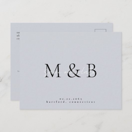 Carte Postale Faire-part Monogramme bleu Dusty Mariage Enregistrer la date (Devant / Derrière)