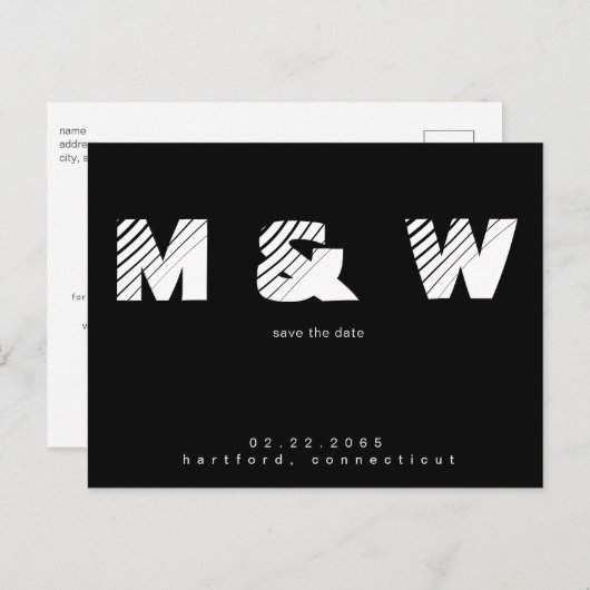 Carte Postale Faire-part Monogramme contemporain B/W Simple Enregistrer la  (Devant / Derrière)