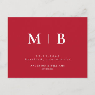 Carte Postale Faire-part Monogramme Contemporain Simple Rouge Save the Date