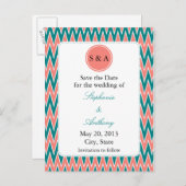 Carte Postale Faire-part Monogramme Coral rose et Zigzag Turquoise Enregist (Devant / Derrière)