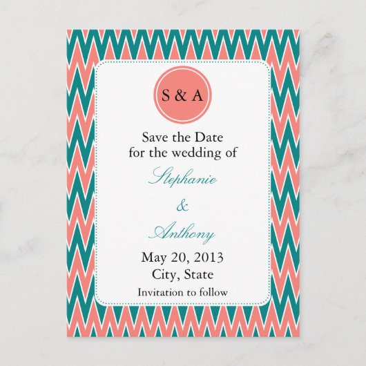 Carte Postale Faire-part Monogramme Coral rose et Zigzag Turquoise Enregist (Devant)