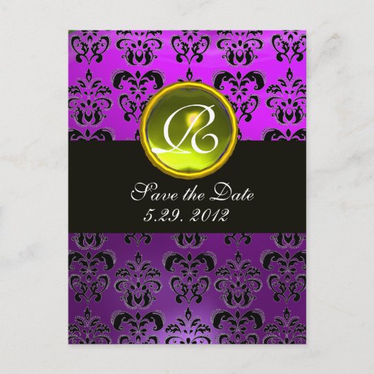 Carte Postale Faire-part Monogramme DAMASK NOIR ET VIOLET TOPAZE JAUNE (Devant)