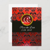 Carte Postale Faire-part Monogramme DAMASK ROUGE RUBIS NOIR BLANC (Devant / Derrière)