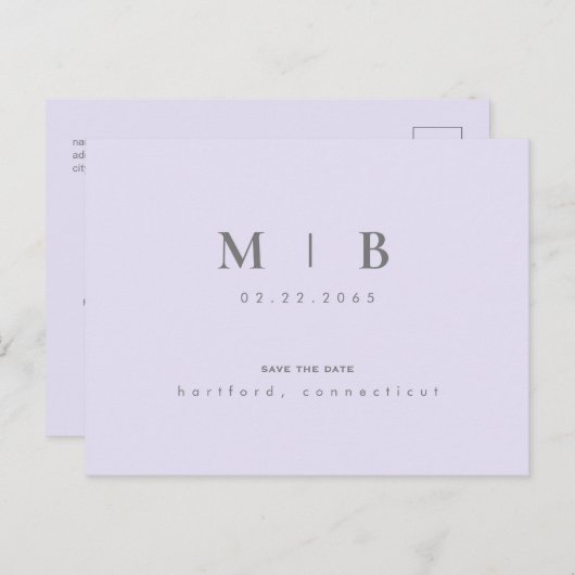 Carte Postale Faire-part Monogramme Lilac Mariage simple et élégant Date de (Devant / Derrière)