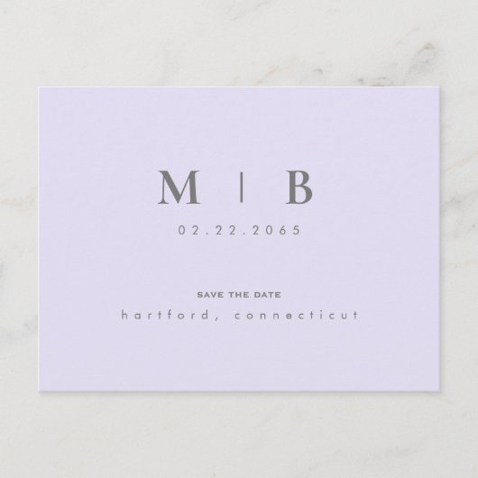 Carte Postale Faire-part Monogramme Lilac Mariage simple et élégant Date de (Devant)