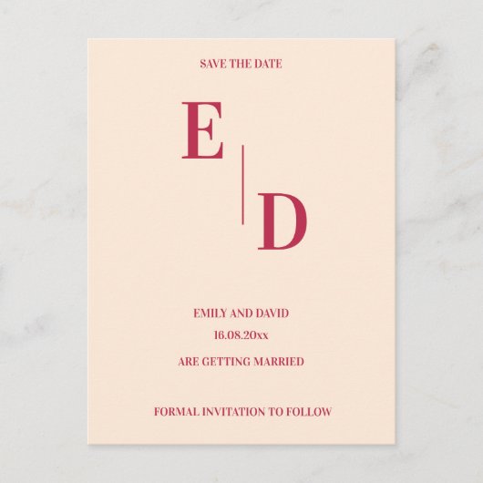 Carte Postale Faire-part Monogramme Moderne Magenta Mariage Save The Date (Devant)