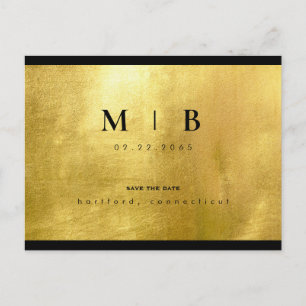 Carte Postale Faire-part Monogramme noir & Gold Sleek Enregistrer la date