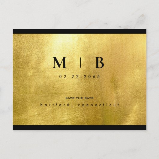 Carte Postale Faire-part Monogramme noir & Gold Sleek Enregistrer la date (Devant)