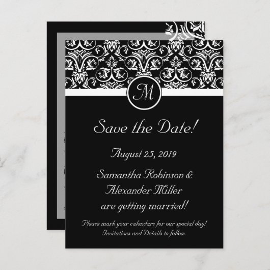 Carte Postale Faire-part Monogramme noir grand insignia Enregistrer la date (Devant / Derrière)