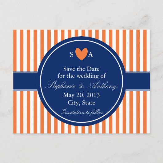 Carte Postale Faire-part Monogramme Orange et Blancs avec Royal Blue (Devant)