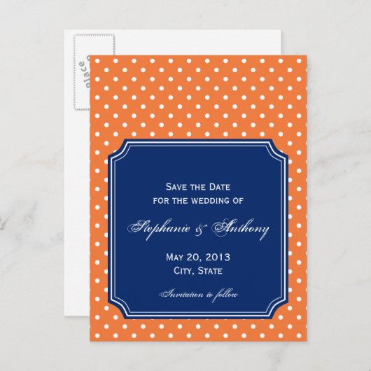 Carte Postale Faire-part Monogramme Orange, Point Blanc avec Bleu Royal (Devant / Derrière)
