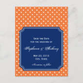 Carte Postale Faire-part Monogramme Orange, Point Blanc avec Bleu Royal (Devant)